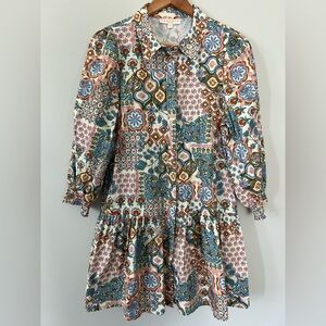 Laroque 100% Cotton Patchwork Tile Print Drop Waist Mini Dress • Small